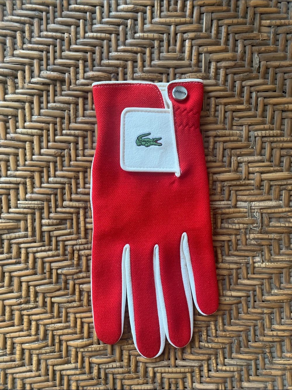 Lacoste Red and White Golf Glove with Green Crocodile